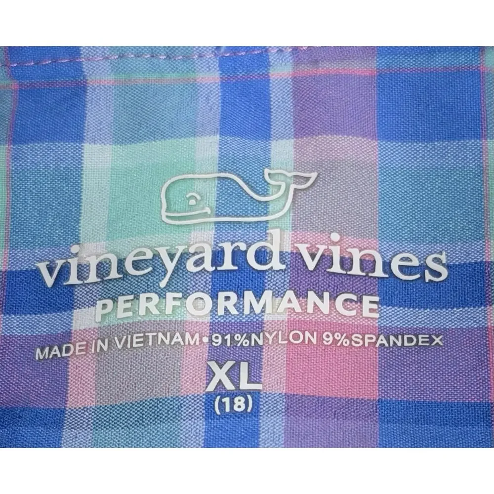 Vineyard Vines Performance Shirt Boys XL 18 Blue Pink Plaid Long Sleeve Logo